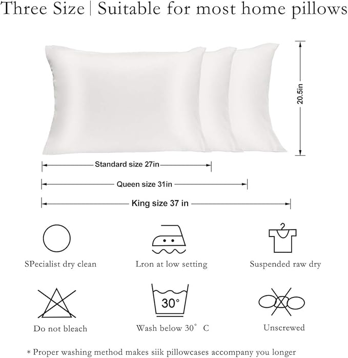 Silk Pillowcase for Hair and Skin 2 Pack 100% Mulberry Silk Bed Pillowcase Hypoallergenic Soft Breathable Both Sides Silk Pillow Case with Hidden Zipper, King Size Pillow Cases (White)