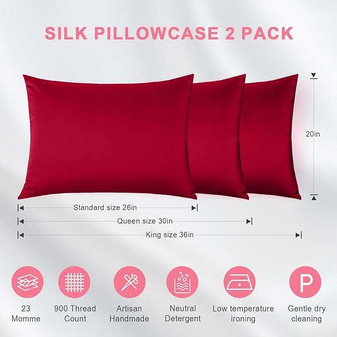 100% Silk Pillowcase 2 Pack for Hair and Skin, Both Sides 23 Momme Grade 6A+ Mulberry Silk Pillowcases with Hidden Zipper, Soft&Smooth Cooling Pillow Cases (Red, Queen 20×30)