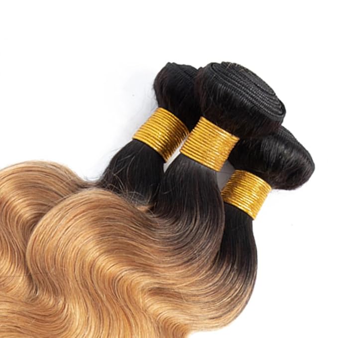 1B27 Bundles Human Hair Ombre Blonde Body Wave Bundle Virgin Remy Hair 3 Bundles 16 18 20 Inch Niegmeag Double Weft Soft and Silky 2 Tone Black and Honey Blonde Bundle 300g