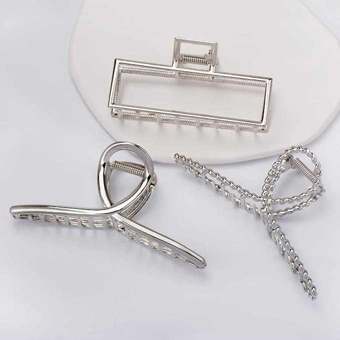 4 Pack Large Metal Hair Clips for Thin to Thick Curly Hair, 4.3 Inch Big Nonslip Silver Color Clamps, Perfect Fashion Jaw Claw Hair Styling Accessories for Women and Girls