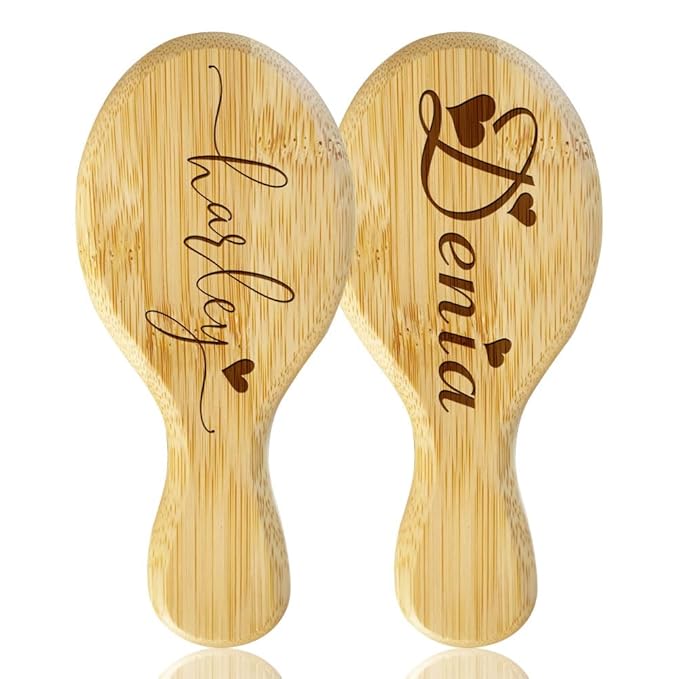 Portable Wooden Hair Brush with Custom Name Engraving, 2 Piece Mini Brushes Gifts for Girls, Daughter, 20 Personalized Design Options, Mirror Option Available