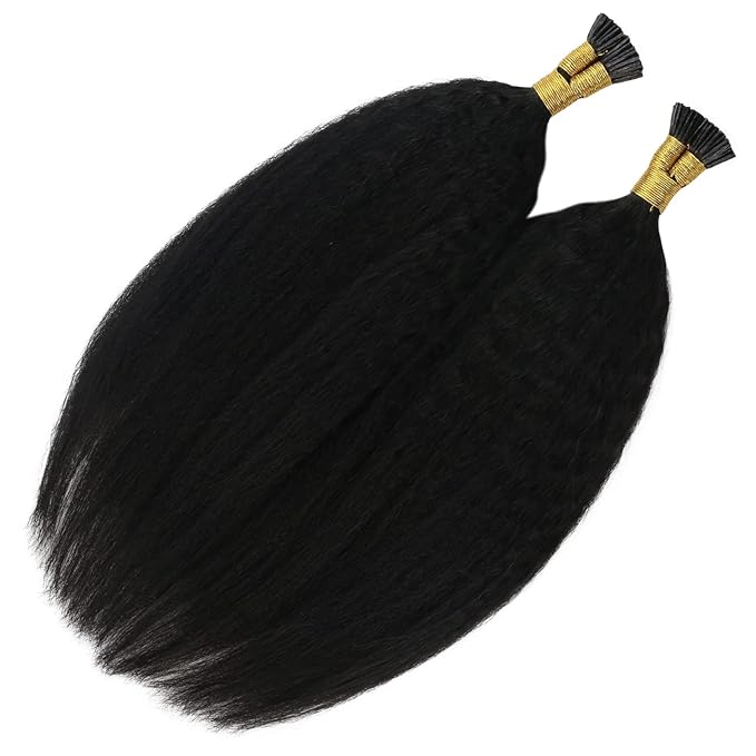 YoungSee Kinky Itip Hair Extensions Real Human Hair Black I Tip Hair Extensions Human Hair Kinky Straight 24 Inch 50g 50s Black Itip Hair Extension for Black Women Long Hair Extension