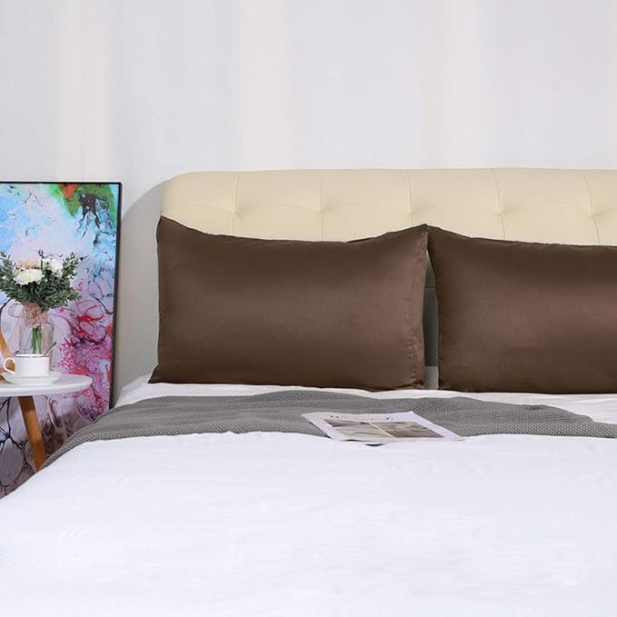 uxcell 2 Pack Silk Satin Pillowcase for Hair and Skin, Cool, Silky, Soft Breathable Pillow Cases Standard Size 20x26 Inch Sateen Pillowcase Brown with Envelope Closure