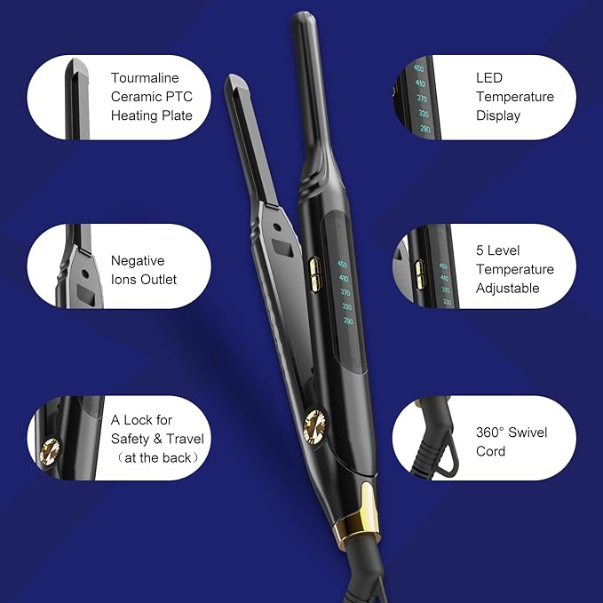 Pencil Flat Iron 3/10'' Small Flat Irons for Short Hair,Pixie Cut & Bangs,Hair Straightener for Edge with LED Display,Travel Mini Hair Straightener with Dual Voltage,Auto Shut Off（Black）
