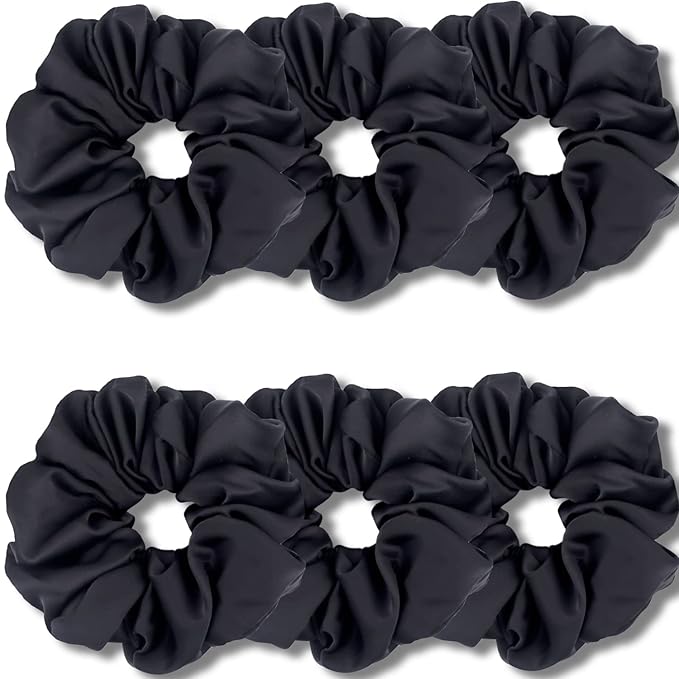 IVARYSS Big Scrunchies for Women Thick Hair, Premium Satin Softer than Silk, XL 6 Inch Extra Large Scrunchy Elastic Hair Bands Accessories, 6 Pack, Black