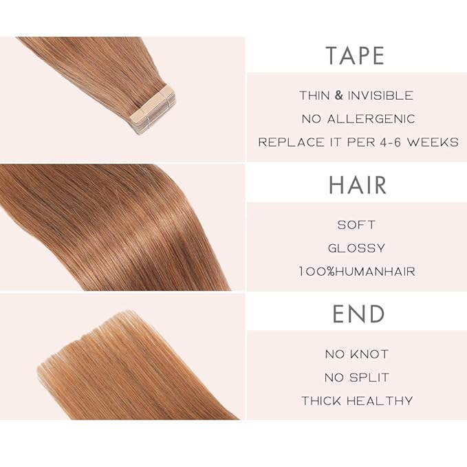 Tape in Hair Extensions Human Hair, Light Brown Real Human Hair Extensions 20pcs Remy Straight Tape ins Invisible (30#, 20 Inch)