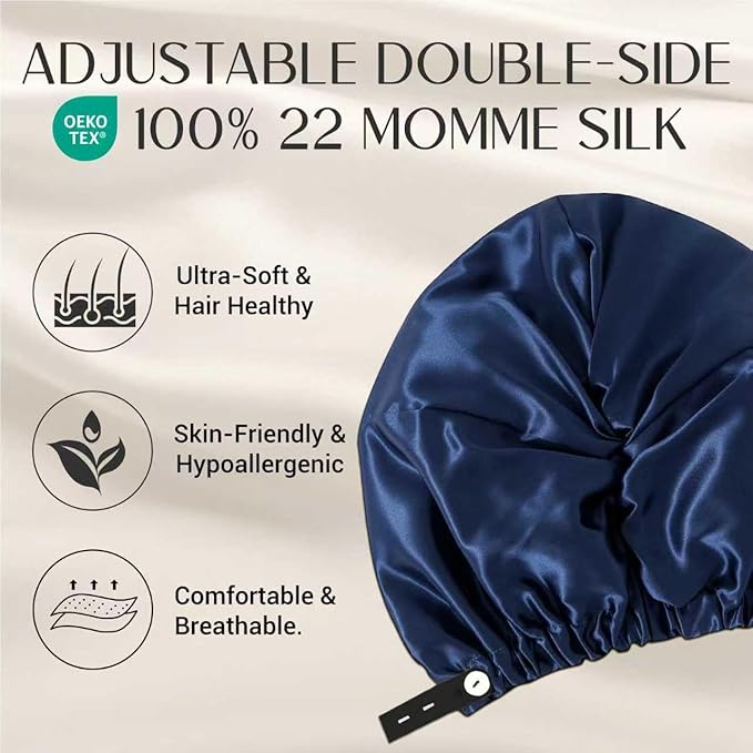 ZIMASILK 22 Momme Adjustable 100% Mulberry Silk Bonnet for Sleeping Women, Silk Hair Wrap for Hair Protection, That Reduces Falling off (1Pc, Navy Blue)