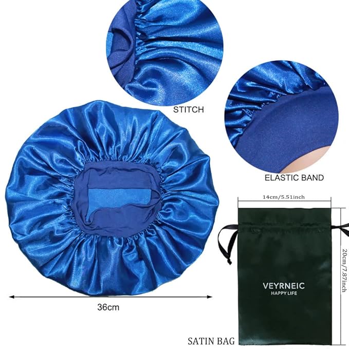 VEYRNEIC Hair Satin Bonnet for Sleeping Shower Caps Silk Chemo Caps with Wide Elastic Band Night Sleep Cap Bonnets for Black Women Braids with Satin Storage Bag (Royal Blue)