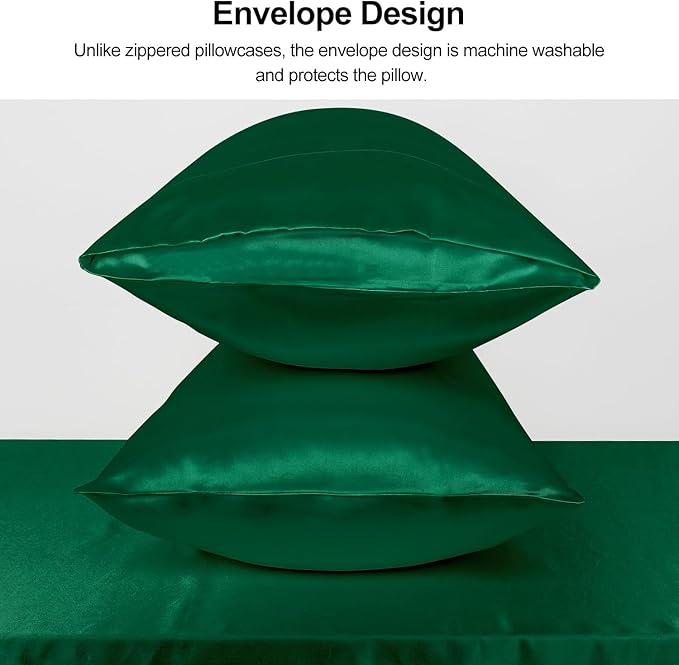 Lirex Satin Pillowcase for Hair and Skin, Super Soft and Cooling Similar to Silk, 2 Pack Queen Size 20"X 30" Pillow Cases with Envelope Closure, Gifts for Women Men, Green