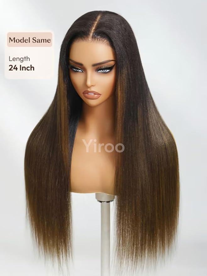 YIROO Chestnut Brown Ombre Yaki Straight 13x4 Pre Everything Frontal Glueless Wig Human Hair Pre Plucked Pre Cut,Bye bye Knots Wear and Go Drawstring Wigs Beginner Friendly 150% Density 20Inch