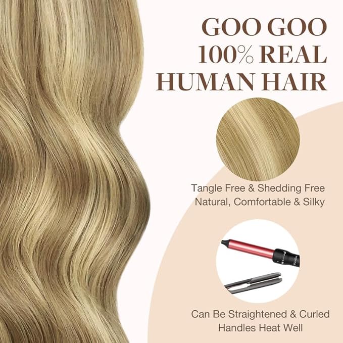 GOO GOO Tape in Hair Extensions Human Hair, 16/22 Light Blonde Highlighted Golden Blonde, 20inch 30g 10pcs, Skin Weft Seamless Invisible, Silky Straight with Thick Ends, Remy Human Hair