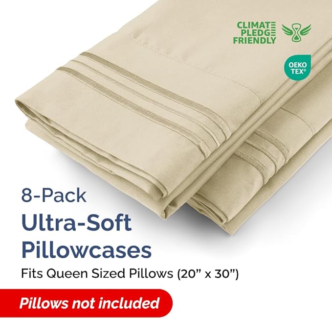 Queen Pillow Cases Set of 8 - Ultra Soft Hotel Quality Pillowcase Covers - Comfy & Wrinkle Free - Shrink, Stain and Fade Resistant - Easy-Care, Machine Washable Pillow Protectors - 8 Pcs Set - Cream