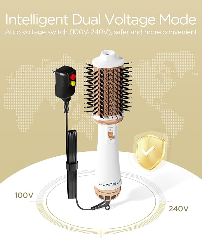 Plavogue Dual Voltage Blow Dryer Brush for European Travel,110V-240V Hot Air Brush with Volumizer, Negative Ionic Anti-Frizz - Styling Brush with Ceramic Coating for Long/Mid Hair Types, Oval Shape