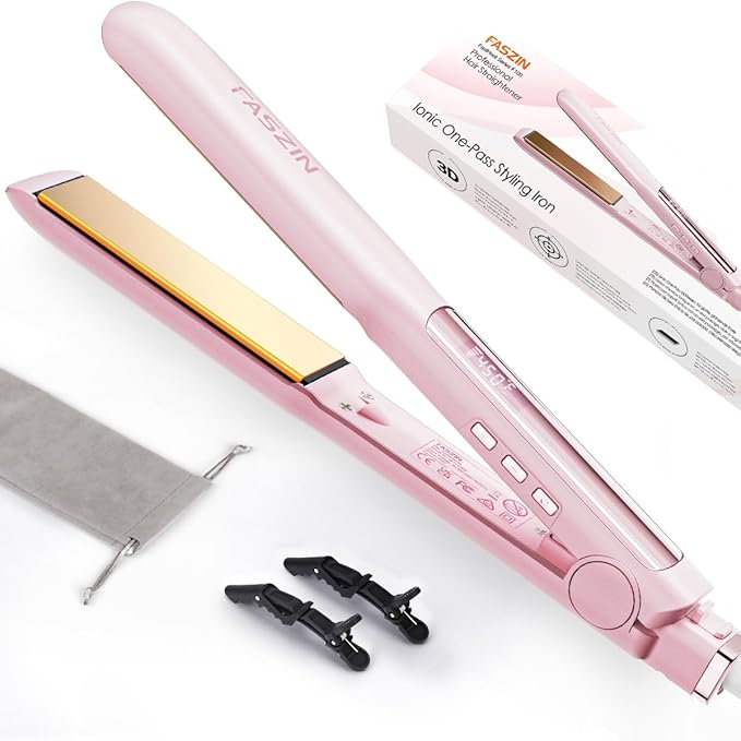 Faszin Professional Hair Straightener, 1.18 inch Ionic Titanium Plate, 20S Fast Heat Up Flat Iron with Clear LED Display, 2 in 1 Straightener and Curler Styling Tool for Straighten Hair (Pink)