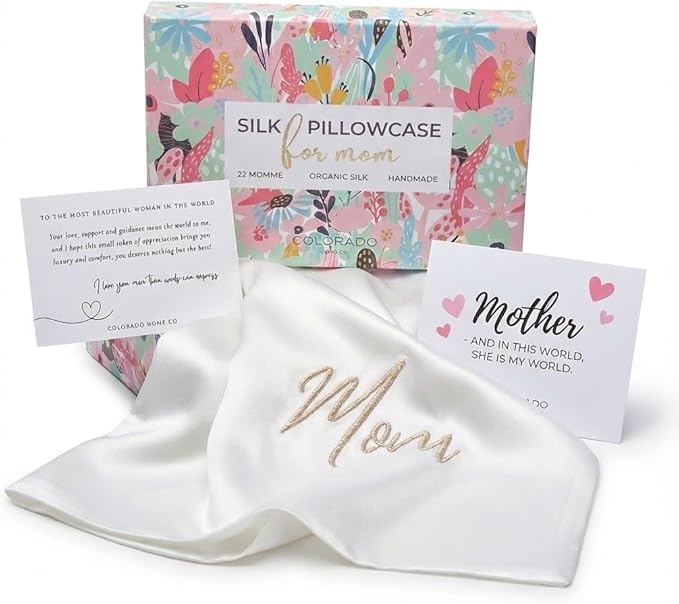 Mom Silk Pillowcase with Mom Embroidery for Mother's Day, for Mom, Wife, Daughter or Sister, Mother's Day Insert Card with Gift Box
