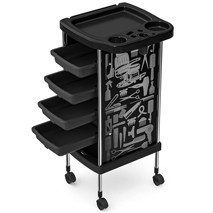 Salon Rolling Trolley with 4 Drawers/Heat-Resistent Accessories/Stainless Steel Frame Storage Tool for Barbershop Beauty Spa and Hair Salon Beauty Black