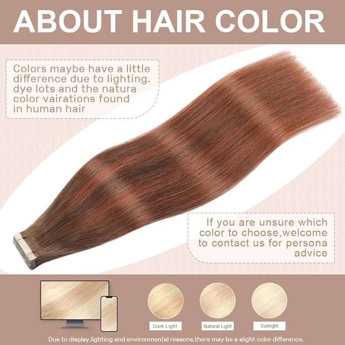 Tape in Hair Extensions Human Hair Balayage Chocolate Brown to Auburn Brown 22 Inch 20Pcs Tape Ins for Women Straight Invisible Seamless Remy