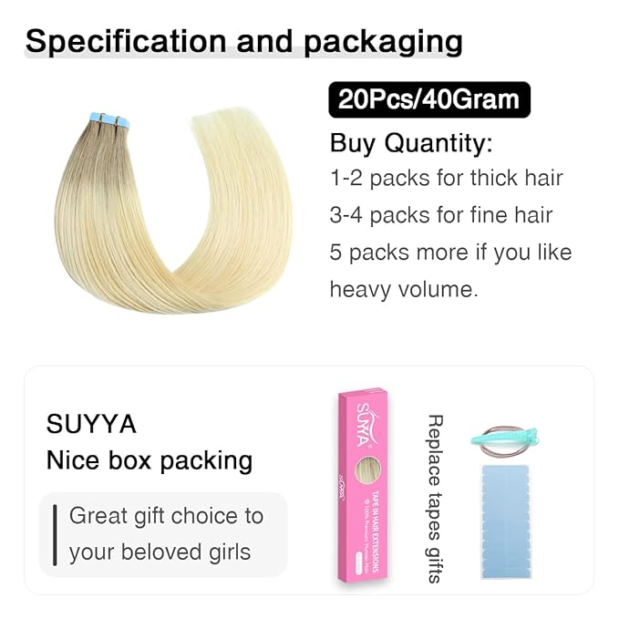 SUYYA Tape in Hair Extensions Human Hair Balayage Ash Blonde to Medium Blonde and Platinum Blonde 40g/pack 20pcs Straight Seamless Skin Weft Tape in Real Human Hair Extensions(16inch #P22/60/T18)