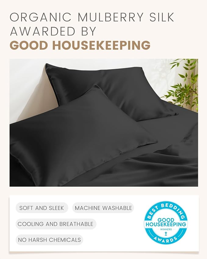 THXSILK Set of 2 Silk Pillowcase for Hair and Skin, 100% Mulberry Silk Bed Pillowcase Ultra-Soft, Hypoallergenic Soft Breathable Silk Pillow Case with Hidden Zipper, Body Size 20"x54", Black