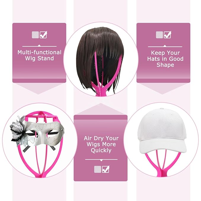 Dreamlover Short Wig Stands, Portable Collapsible Wig Dryer for Travel, Hot Pink, 2 Packs