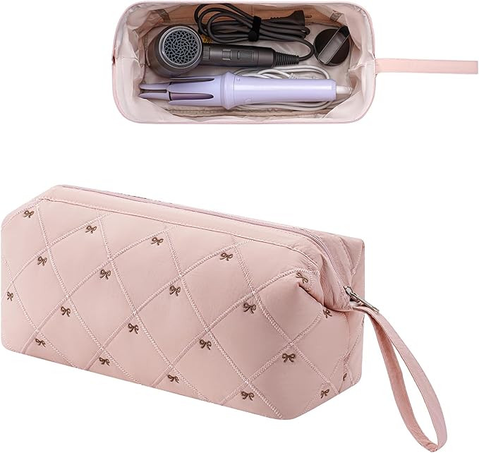 Large Quilted Hair Tools Travel Bag with Bow Pattern,Waterproof Hair Styling Accessories Storage Case for Shark FlexStyle, Dyson Airwrap Hair Dryer, Curling Iron, Revlon Hair Tools(Pink)