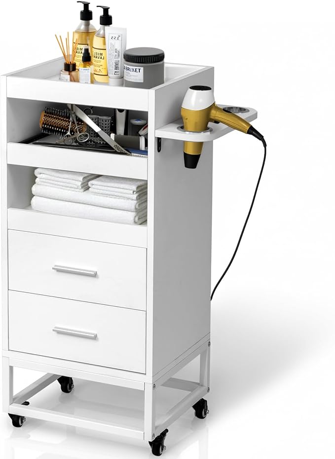 Winado Beauty Salon Trolley Cart, Rolling Hair Cart with Lockable Wheels, 2 Drawers, 3 Tool Holders, Mobile Makeup Organizer Station Cabinet for Hair Stylist Beauty Spa Barbershop, White