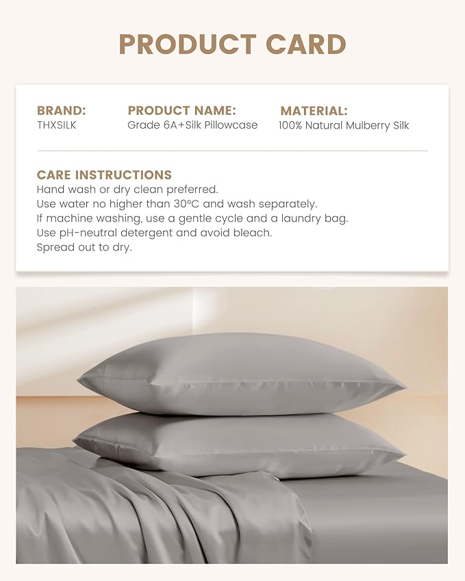THXSILK 100% Mulberry Silk Pillowcase for Hair and Skin, Grade 6A+ Natural Silk Pillow Cover with Hidden Zipper, Soft Breathable Smooth Organic Silk Pillowcase(Grey, Queen Size 20"x30")