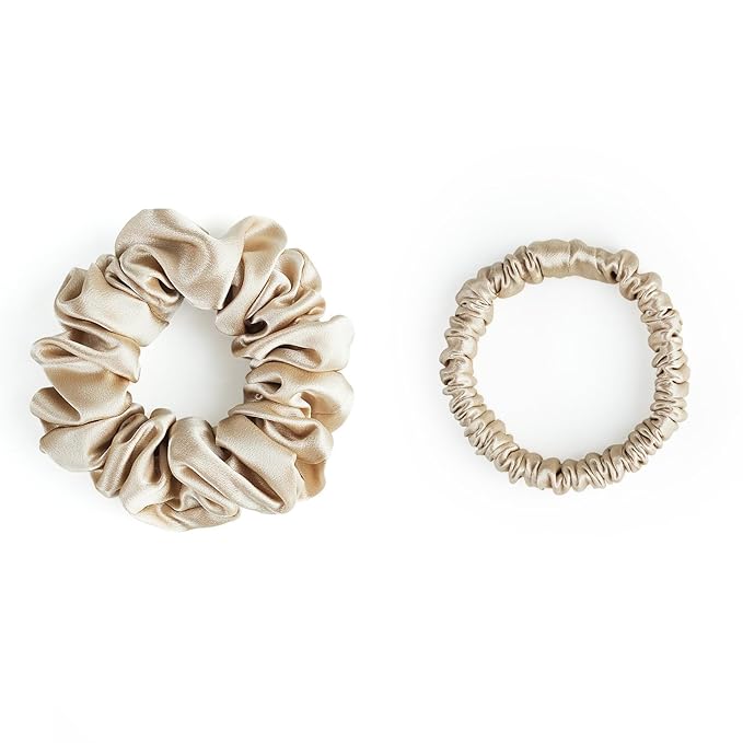 22 Momme 100% Mulberry Silk Scrunchies (2 Pack, Champagne), Well-Hold Elastic for No-Damage, 6A, Soft Hair Ties, Reduces Frizz & Breakage, OEKO-TEX Certified