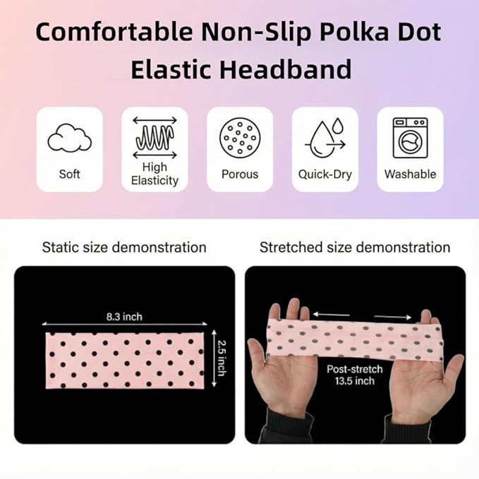 Polka Dot Headband,Stripe Head Bands 5 Pack Non Slip Soft Fabric Elastic for Girls Daily Heart Cute Hairbands, Fashion Striped Headbands for Women
