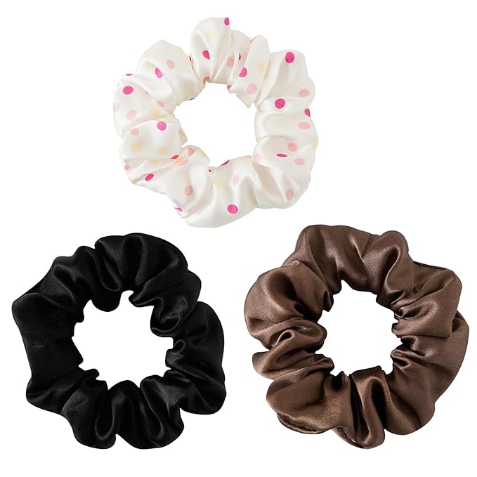 19Momme Silk Scrunchie Thick Hair Ties for Curly Hair, No Slip Hair Bands for Women, Vintage Satin Hair Accessories (Black,Polka dot,Brown)