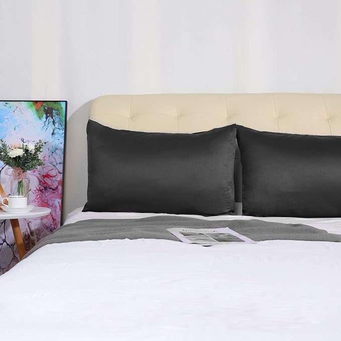 uxcell 2 Pack Silk Satin Pillowcase for Hair and Skin, Cool, Silky, Soft Breathable Pillow Cases King Size 20x36 Inch Sateen Pillowcase Black with Envelope Closure