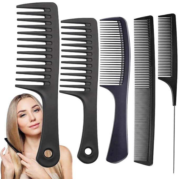 Hair Combs Set, Large Wide Tooth Comb, Rat Tail, Fine Tooth Comb For Women Men Fine Thick Curlys Wet Hair Styling Detangling Parting Cutting (5PCS)