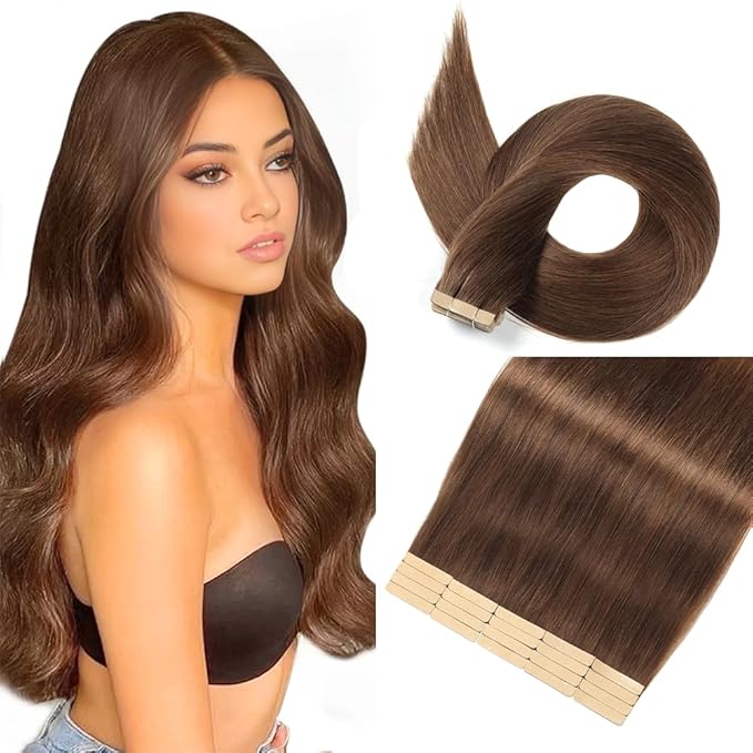 Tape in Hair Extensions Human Hair Chocolate Brown 22 Inch 20Pcs Tape Ins for Women Straight Invisible Seamless Remy