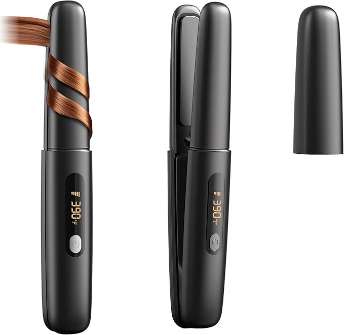 Cordless Hair Straightener Curler 2 in 1 Ceramic Flat Iron Mini Portable Fast Heating 30s 4500mAh Battery 4 Temp Adjustments LCD Display USB Rechargeable for Women Men with Pouch (Black)