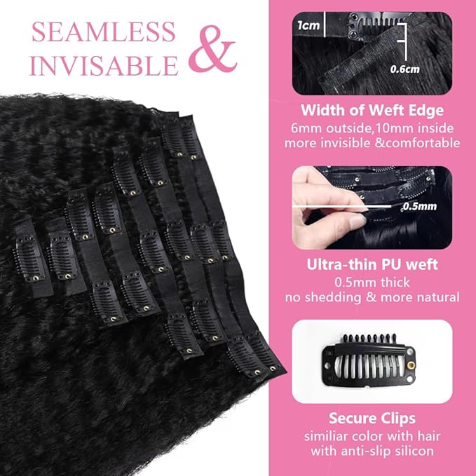 Seamless Clip In Hair Extensions Human Hair Invisible Pu Skin Weft Kinky Straight Seamless Clip Ins For Black Women Real Human Hair Extensions 8pcs With 18clips Per Set 120g (16inch,Natural Black)