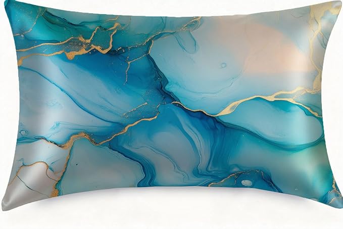 Imitation Silk Pillow Case for Hair and Skin Abstract Blue and Gold Marble 1 Pack Satin Pillow Case Standard Size with Hidden Zipper Smooth Cooling Pillow Cover for Sleeping 20”x26”