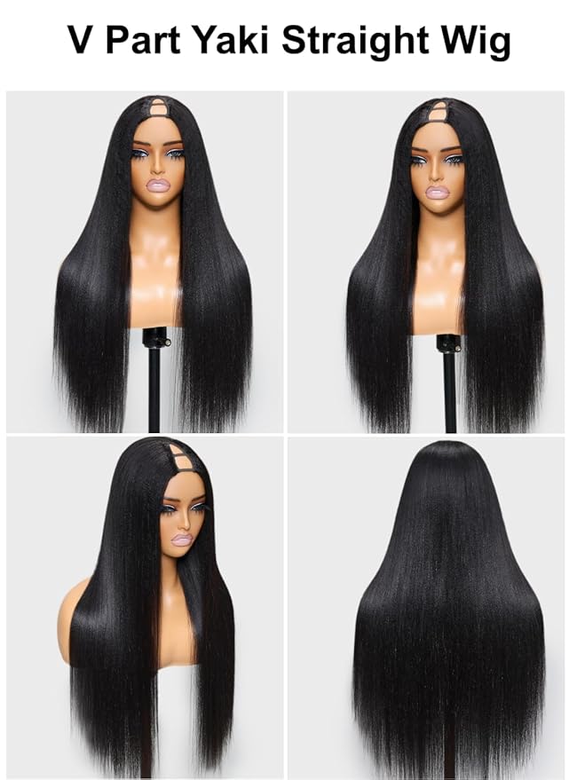 YIROO V Part Wig Yaki Straight Human Hair Wigs for Black Women Upgrade Upart Wig No Leave Out 12A Glueless Kinky Straight 20 Inch