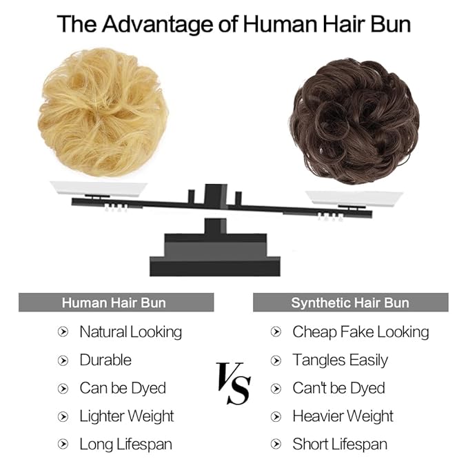FESHFEN Human Messy Buns - 100% Human Hair Bun Real Scrunchies Hair Pieces Ponytail Extensions Wavy Tousled Updo Chignon Hairpieces for Women，Mixed Blonde
