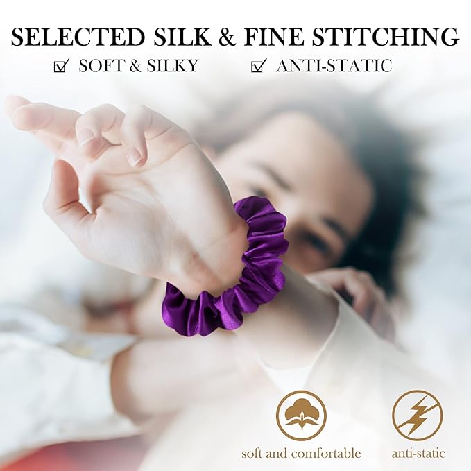 Large Silk Hair Scrunchies, 100% Mulberry Silk, No Damage for Frizz Prevention, Sleep and Night Scrunchie, Hair Accessories for Women - 3 Count (Violet, Metallic Gray, Light Blue)