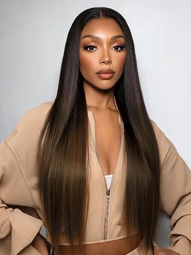YIROO Human Hair No Leave Out Ombre Chestnut Brown Yaki Straight U Part Wig - Clip-in, Glueless, No Sew Half Wig - 22 inch