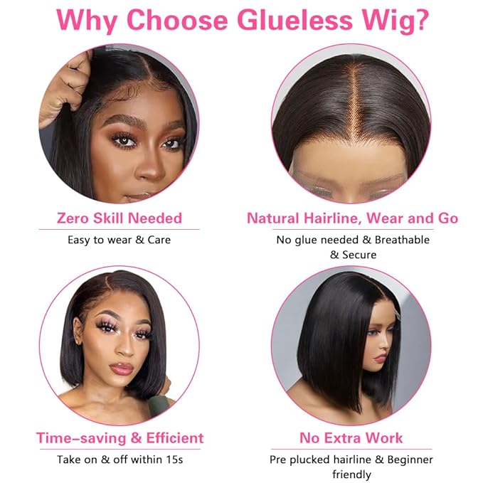 Wear and Go Glueless Bob Wig, 16 Inch, 180% Density, Human Hair, Natural Black, No Shedding, No Tangle, Adjustable Elastic Cap