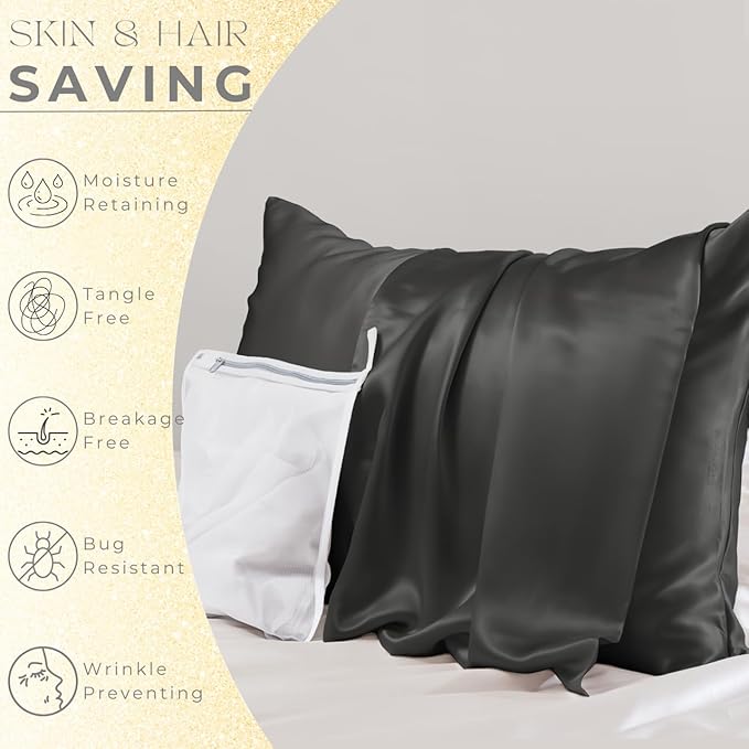 PROMEED Upgraded Grade 6A+ Black Silk Pillowcase with Zipper, 23 Momme Natural Mulberry Silk Pillow Cases for Hair and Skin - Easy Care with Free Laundry Bag (Queen 20"x30", Black)