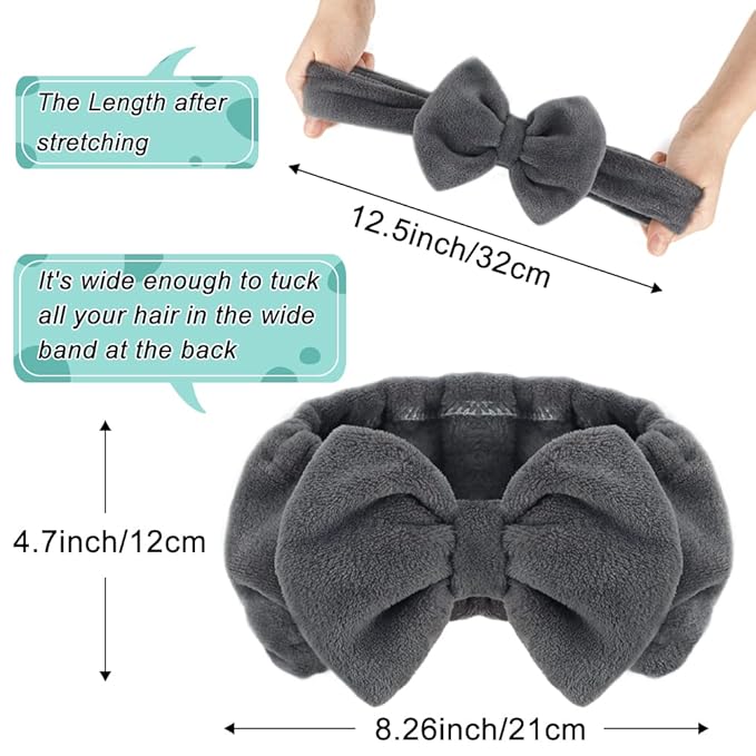 Shintop Makeup Headband Soft Carol Fleece Spa Headband with Cute Bow Elastic Headwear for Washing Face Skincare Facial Mask Showers（Grey）