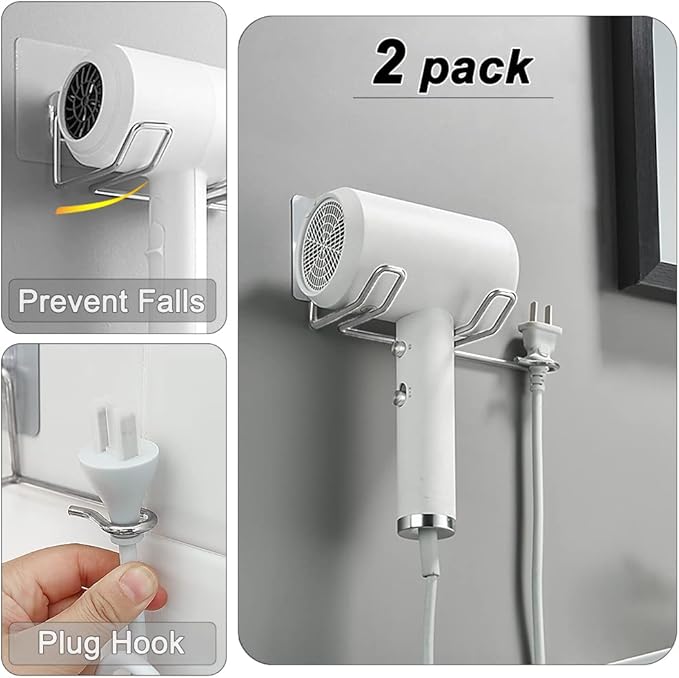 2 Pack Hair Dryer Holder, Self Adhesive Wall Mount Waterproof Blow Dryer Rack Storage Organizer Hanger, Compatible with Dyson and Most Hair Blower Appliance, Brush, Curling Iron, Straightener