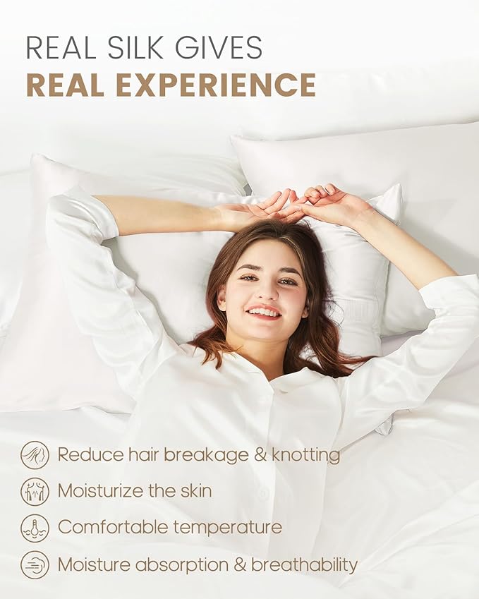 THXSILK Set of 2 100% Pure Mulberry Silk Pillowcase for Hair and Skin, Highest 6A+ Grade Mulberry Silk Pillow Case Standard Size, Real Silk Pillowcase with Zipper (White, Standard)