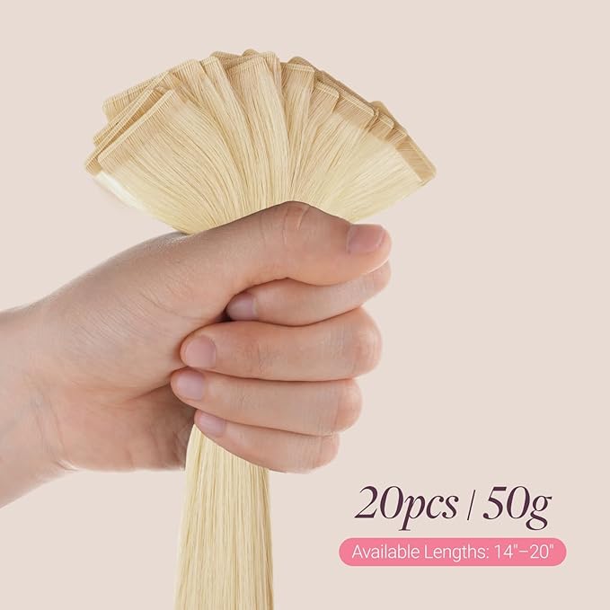 GOO GOO Genius Tape in Hair Extensions, Hand Tied Tape Weft, 60A Platinum Blonde, 14inch 50g 20pcs, Remy Human Hair, Seamless Invisible Tape, Natural Blend, Lightweight