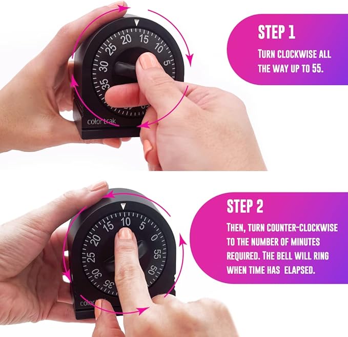 60 Minute Wind Up Timer, Visual Mechanical Timer, from 0 to 60 Minutes, for Kitchen, Hair Color Processing, Tanning, Kids' Home and Classroom Activities or Timeouts, Black