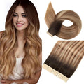 Tape in Hair Extensions Human Hair 16 Inch 20pcs Invisible Tape ins Real Human Hair Chestnut Brown to Mixed Dirty Blonde Remy Seamless Injected Tape Extensions
