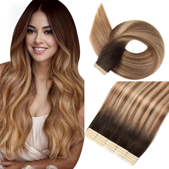 Chestnut Brown to Dirty Blonde Tape in Hair Extensions Human Hair,14 Inch Human Hair Tape in Extensions 20Pcs Tape Ins Human Hair Extensions for Women Seamless Tape in Hair Extensions Real Human Hair