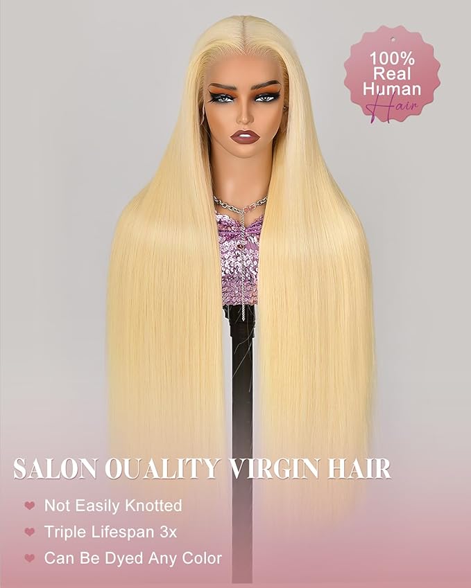 Alididi 613 13x6 Lace Front Wig Human Hair 28 Inch 180 Density Blonde Wig Human Hair Straight 100% Real Human Hair True Length Random Dyeing No Tangle No Shedding No synthetics Triple Lifespan 3x